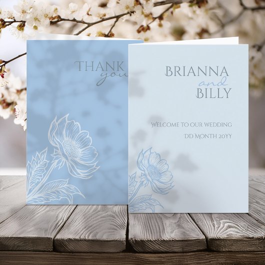 Minimalistisch blauw bloemig gevouwen bruiloft pro programma