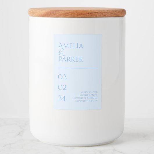 Minimalistisch blauw bruiloft kaars label voedselcontainer etiket (Voorkant)