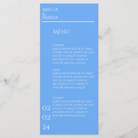 Minimalistisch blauw bruiloft menu (Voorkant)