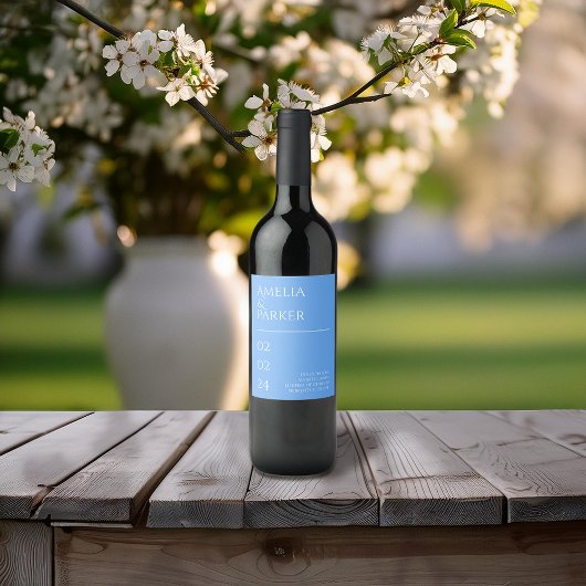 Minimalistisch blauw bruiloft wijn label etiket