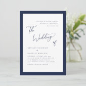 Minimalistisch blauw elegant-script bruiloft kaart (Staand voorkant)