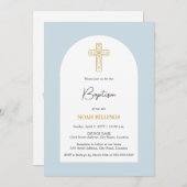 Minimalistisch Blauw en Goud Kruis Doop Kaart (Voorkant / Achterkant)