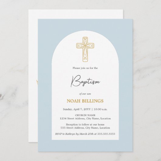 Minimalistisch Blauw en Goud Kruis Doop Kaart (Voorkant / Achterkant)