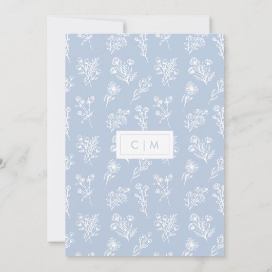 Minimalistisch blauw en wit bloemenpatroon bruilof kaart (Achterkant)