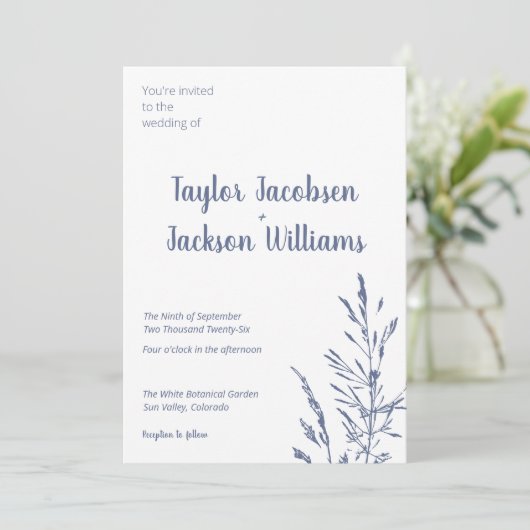 Minimalistisch blauw en wit bruiloft kaart (Staand voorkant)