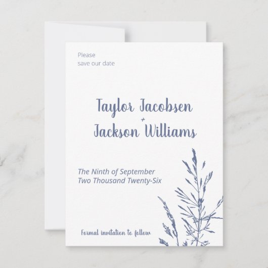 Minimalistisch blauw en wit bruiloft Save the Date (Voorkant)