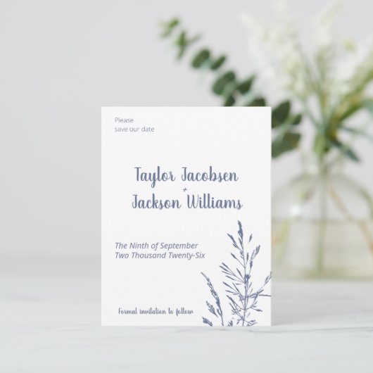 Minimalistisch blauw en wit bruiloft Save the Date (Staand voorkant)