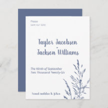 Minimalistisch blauw en wit bruiloft Save the Date