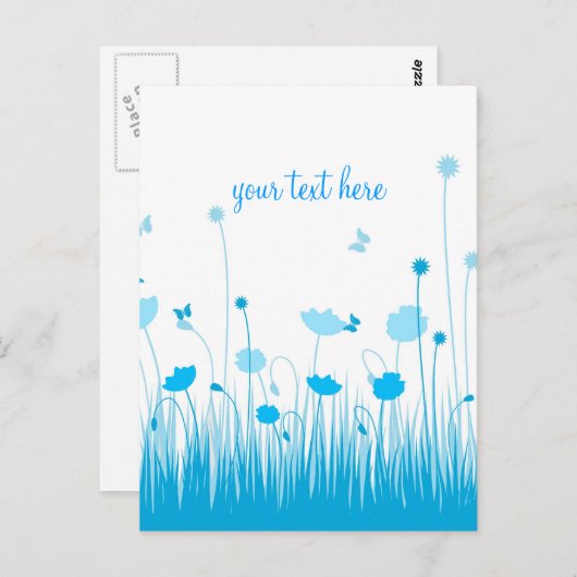 Minimalistisch blauw en wit klaprozen weide script briefkaart (Voorkant / Achterkant)