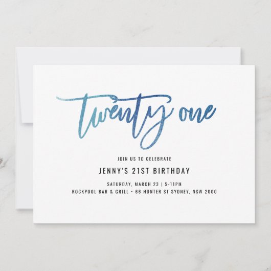 Minimalistisch blauw Folie 21e uitnodiging op zate (Voorkant)