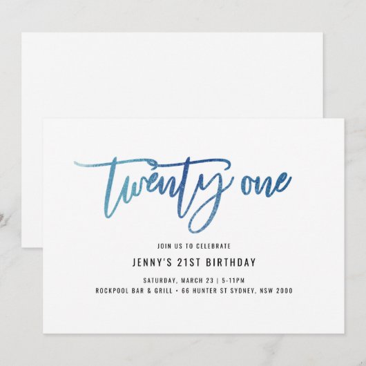 Minimalistisch blauw Folie 21e uitnodiging op zate (Voorkant / Achterkant)
