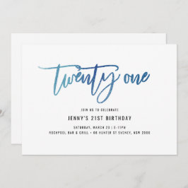 Minimalistisch blauw Folie 21e uitnodiging op zate