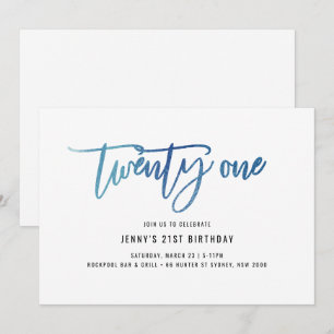 Minimalistisch blauw Folie 21e uitnodiging op zate