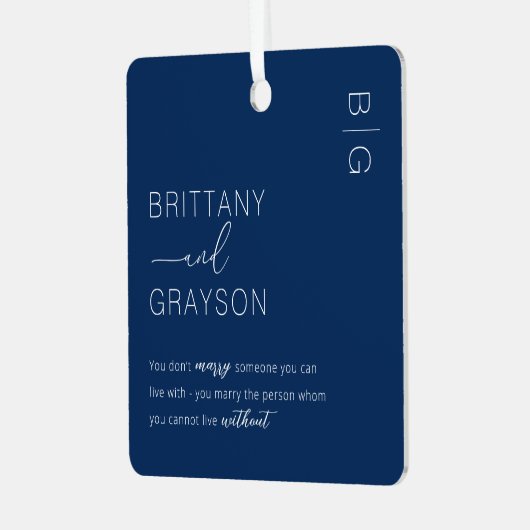 Minimalistisch blauw gehuwd met kerstfoto metalen ornament (Voorkant links)