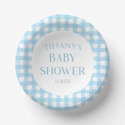 Minimalistisch blauw geruite Baby shower Papieren Kommen (Voorkant)