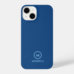 Minimalistisch Blauw Leren Tekst Aangepast Monogra iPhone 14 Hoesje