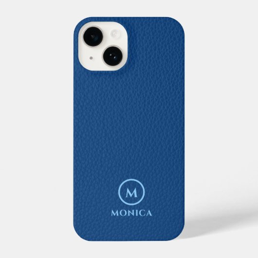 Minimalistisch Blauw Leren Tekst Aangepast Monogra iPhone Hoesje (Achterkant)
