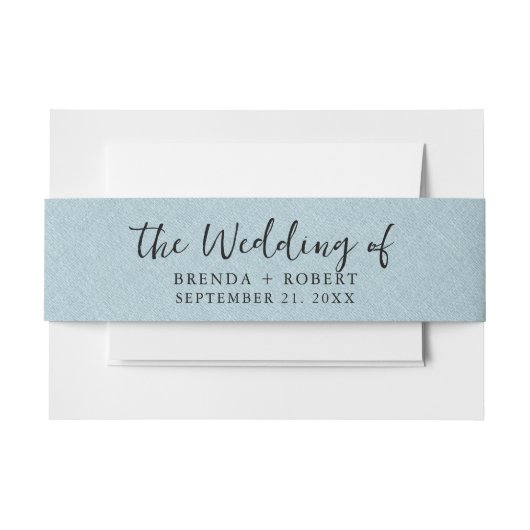 Minimalistisch blauw linen textuur, zwart script uitnodigingen wikkel (Voorkant Voorbeeld)