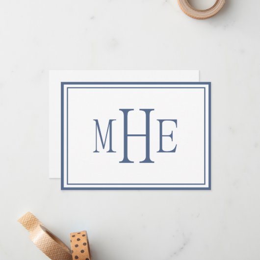 Minimalistisch blauw met monogram notitiekaartje (Voorkant / Achterkant in situ)