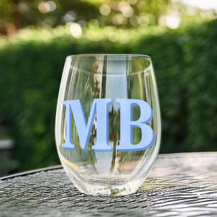 Minimalistisch Blauw Modern Initiaal Monogram Wijnglas Zonder Voet