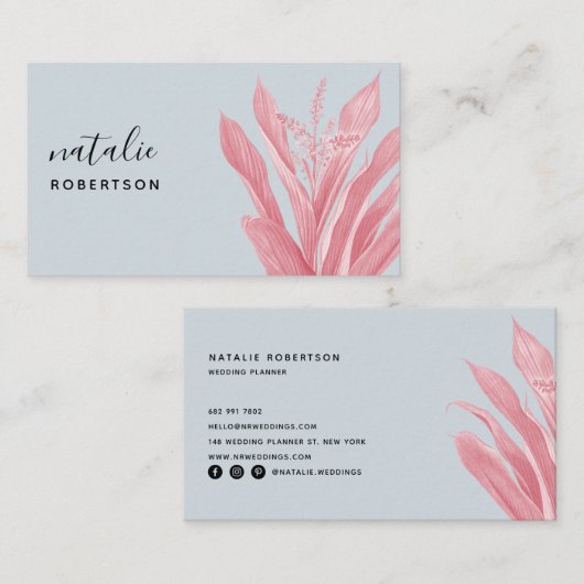 Minimalistisch blauw roze botanisch elegant script visitekaartje (Voorkant / Achterkant)