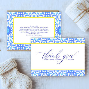 Minimalistisch blauw Tegel geel lijn Baby shower Bedankkaart