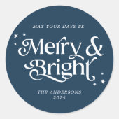 Minimalistisch blauw vrolijk & helder kerstfeest ronde sticker (Voorkant)