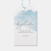 Minimalistisch blauw-waterverf-babyjongetje baptis cadeaulabel (Voorkant)