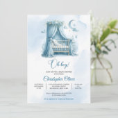 Minimalistisch blauw wieg modern script boy baby s kaart (Staand voorkant)