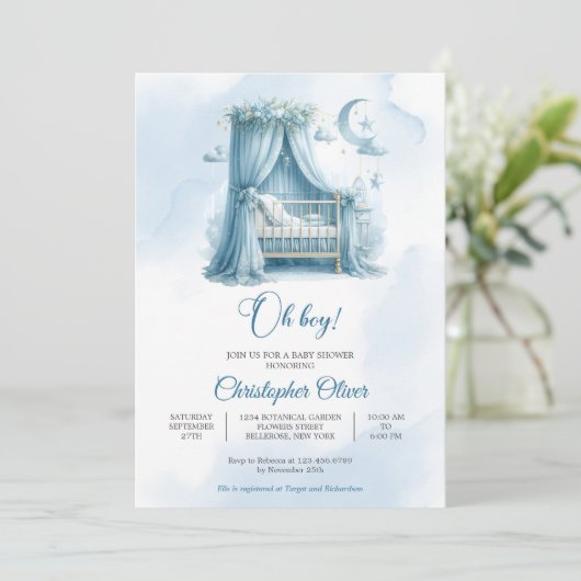 Minimalistisch blauw wieg modern script boy baby s kaart (Staand voorkant)