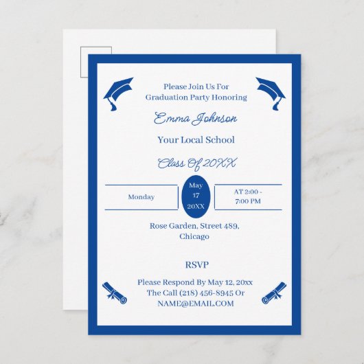 Minimalistisch blauw-wit aangepast Afstuderen Aankondigingskaart (Voorkant / Achterkant)