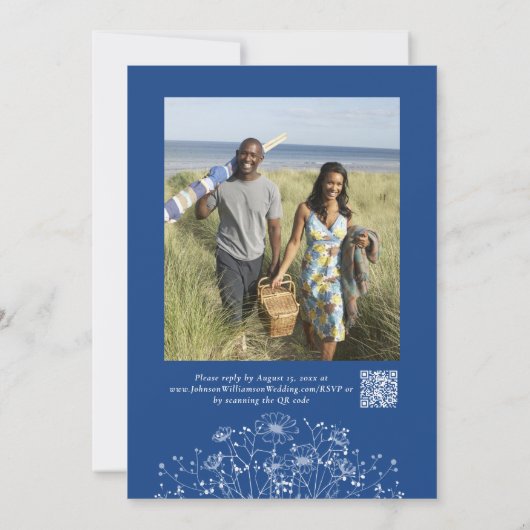 Minimalistisch Blauw Wit Bloemen Foto QR Code Brui Kaart (Achterkant)