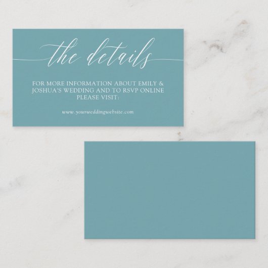 Minimalistisch blauw wit kalligrafie bruiloft deta informatiekaartje (Voorkant / Achterkant)