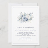 Minimalistisch Blauwe Bloemen Lijn Rand QR Bruilof Kaart (Voorkant)