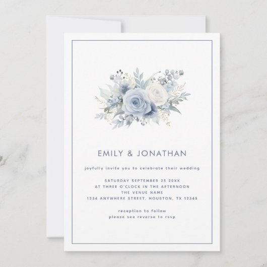 Minimalistisch Blauwe Bloemen Lijn Rand QR Bruilof Kaart (Voorkant)