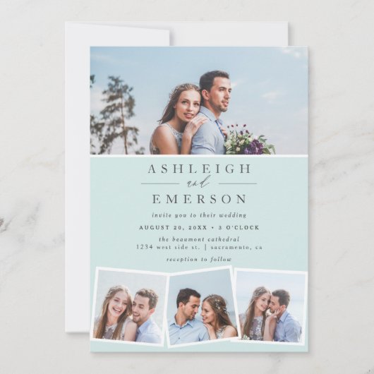 Minimalistisch blauwe fotocollage bruiloft kaart (Voorkant)