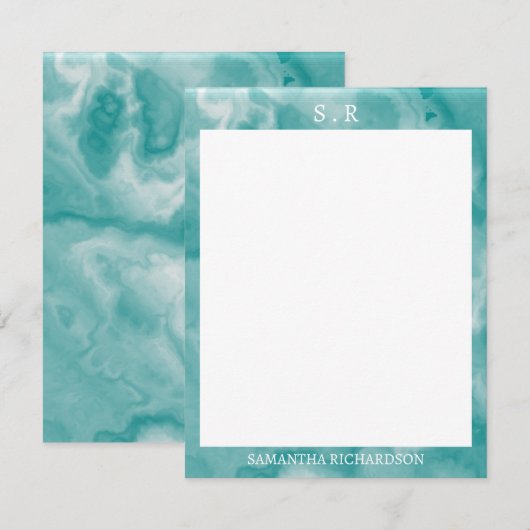 Minimalistisch Blauwgroen Blauw Marmeren Grensmono Notitiekaartje (Voorkant / Achterkant)