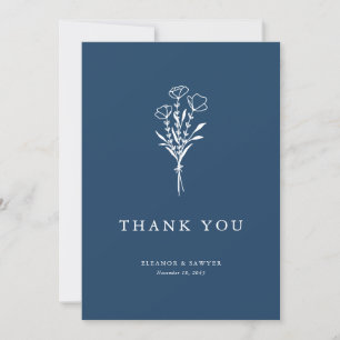 Minimalistisch bloemboeket marineblauw bruiloft bedankkaart