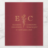 Minimalistisch Bloemen Rood & Goud Monogrammed Bru Wijn Etiket (Enkel label)