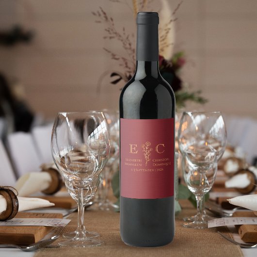 Minimalistisch Bloemen Rood & Goud Monogrammed Bru Wijn Etiket