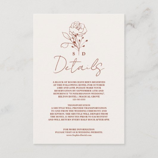 Minimalistisch Bloemen Terracotta Monogram Bruilof Informatiekaartje (Voorkant)