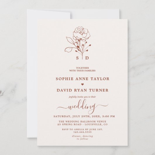 Minimalistisch Bloemen Terracotta Monogram Bruilof Kaart (Voorkant)