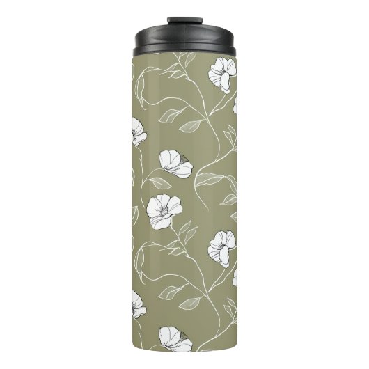 Minimalistisch Bloemen Wit Botanisch Olijfgroen Thermosbeker (Voorkant)