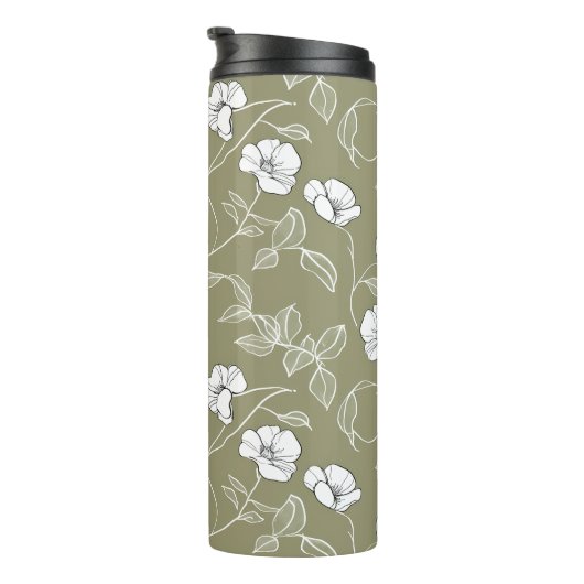 Minimalistisch Bloemen Wit Botanisch Olijfgroen Thermosbeker (Geroteerd rechts)