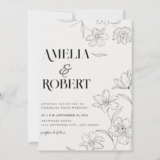 Minimalistisch bloemenzwart-wit bruiloft kaart (Voorkant)