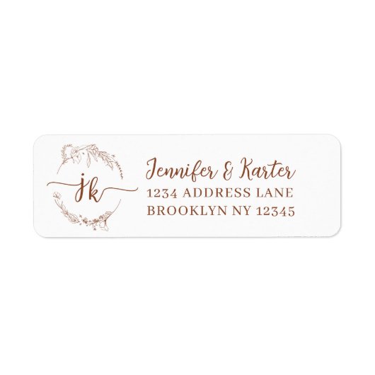 Minimalistisch bloemkrans terracotta monogram etiket (Voorkant)