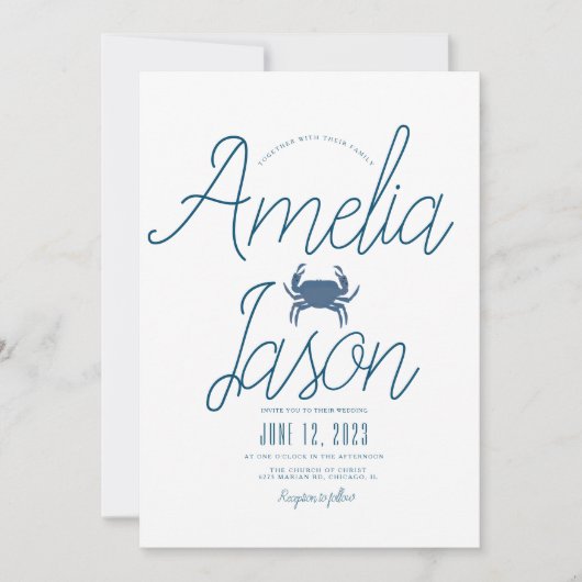 Minimalistisch Blue Faux Folie Script Crab Weddens Kaart (Voorkant)