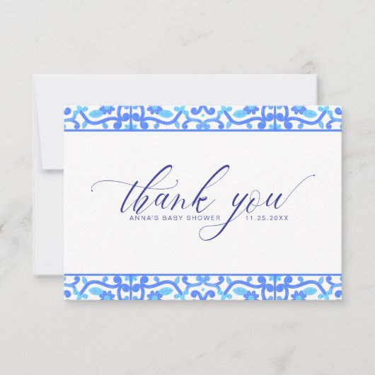 Minimalistisch Blue Tegel Script-Baby shower Bedankkaart (Voorkant)
