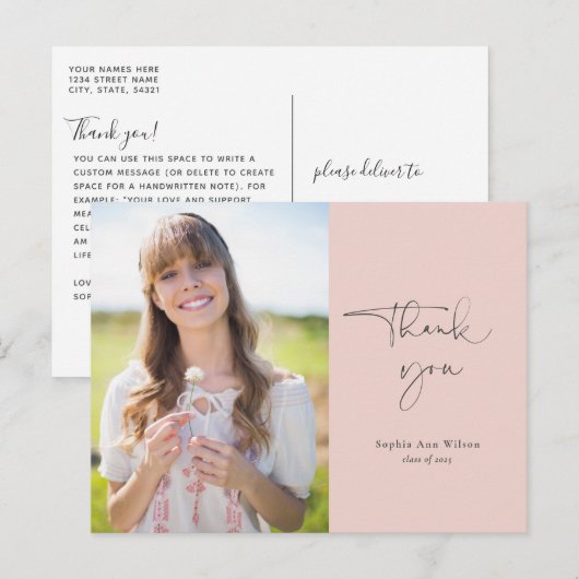 Minimalistisch Blush-Afstuderen Dank u wel met fot Briefkaart (Voorkant / Achterkant)