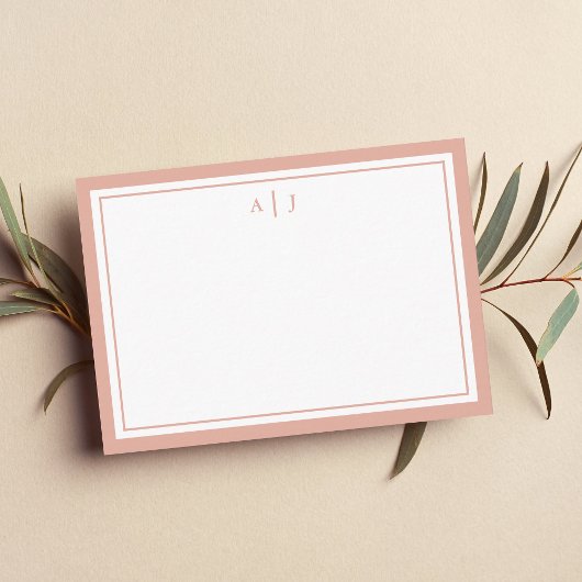 Minimalistisch Blush Pink 2 Border Monogram Notitiekaartje